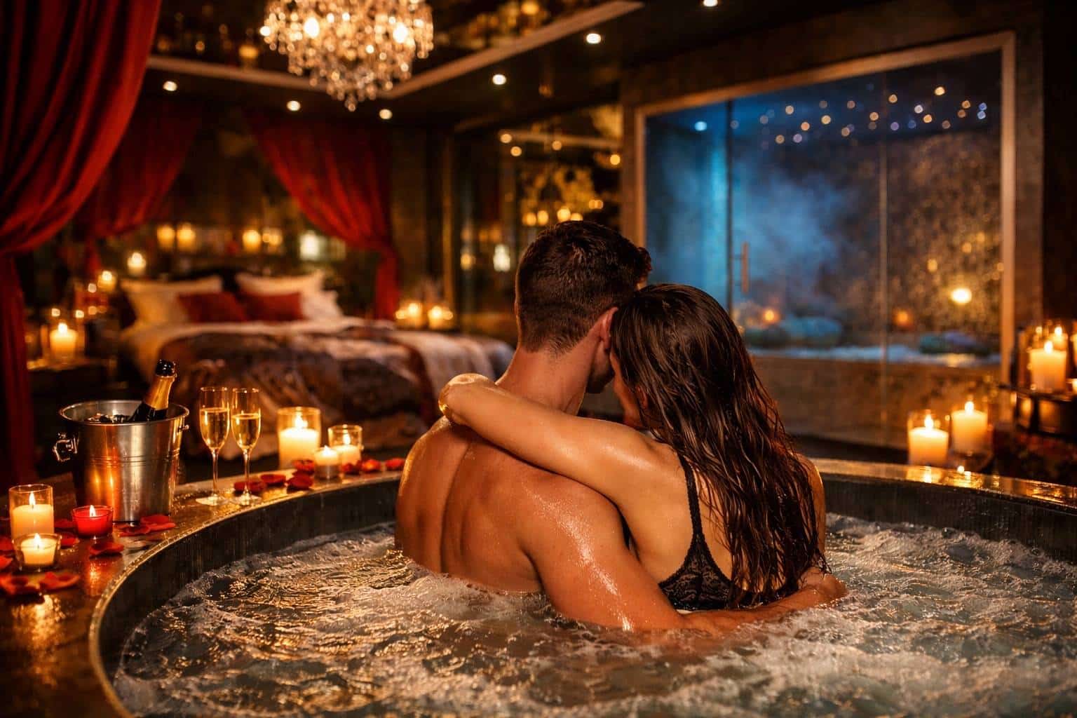 Couple dans un jacuzzi privatif d'une love room de luxe, ambiance romantique avec bougies et chambre haut de gamme.