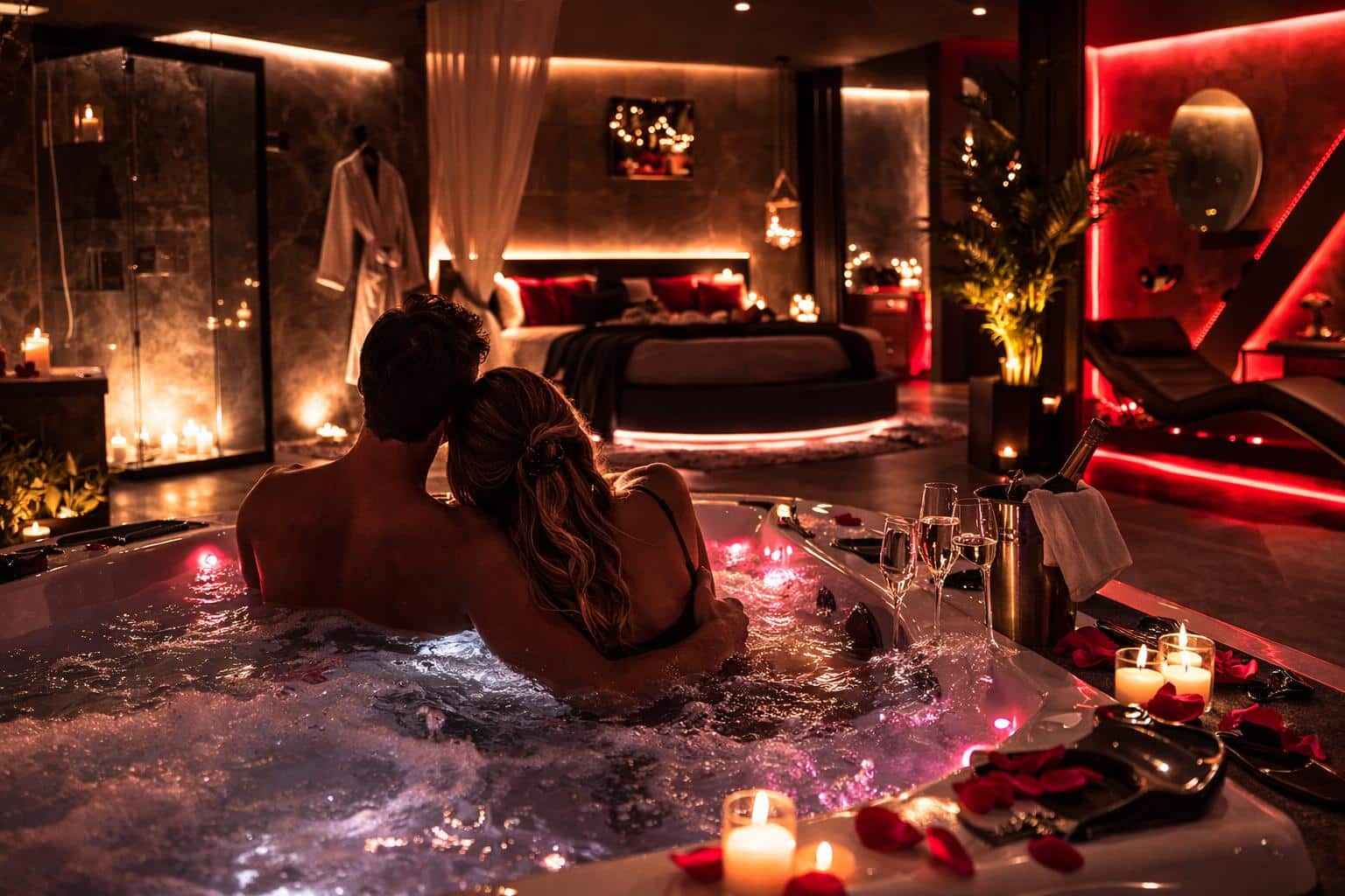 Couple dans une love room avec jacuzzi privatif et ambiance romantique pour un week-end en amoureux