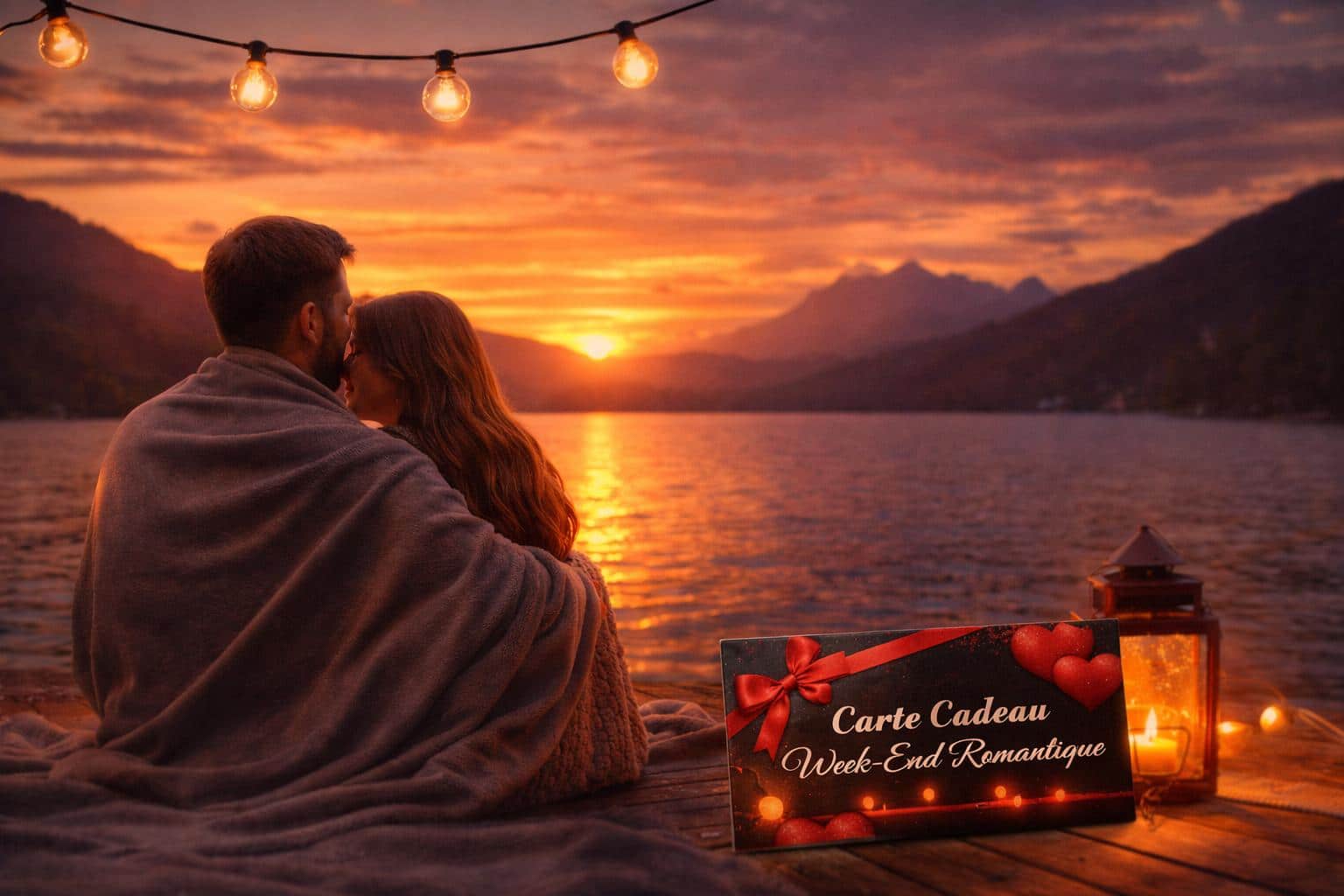 couple en week-end romantique au coucher de soleil avec carte cadeau love room et ambiance intime