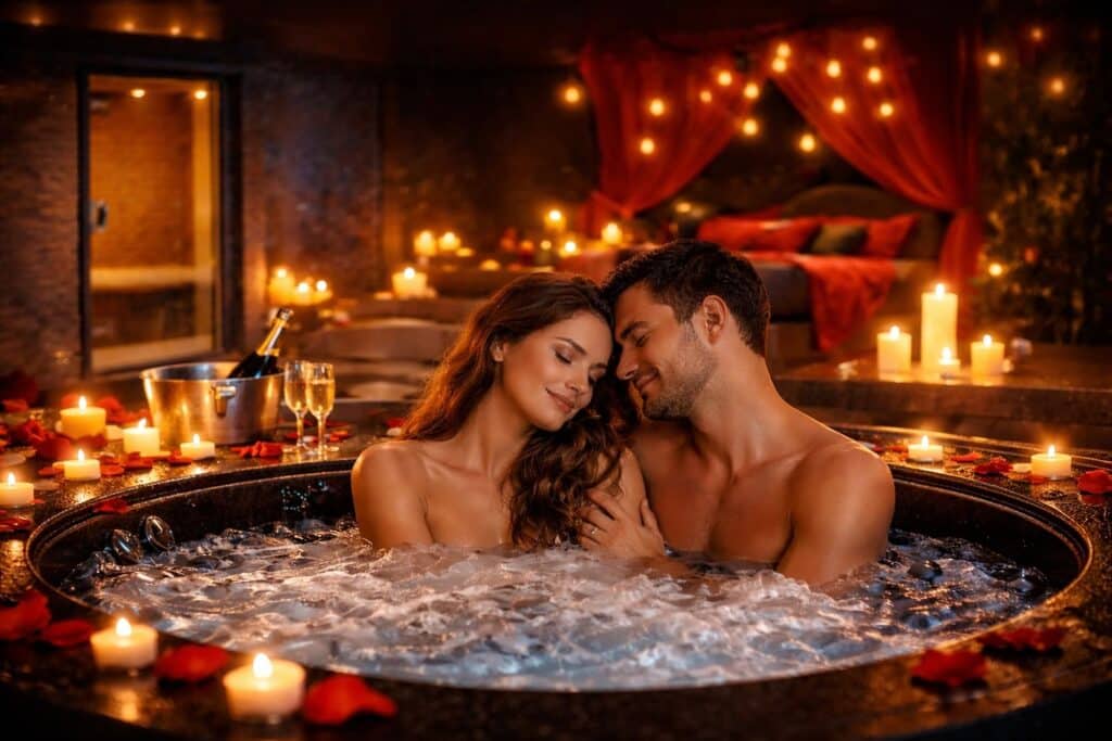 Couple profitant d’un jacuzzi dans une love room haut de gamme pour un week-end romantique à Nîmes