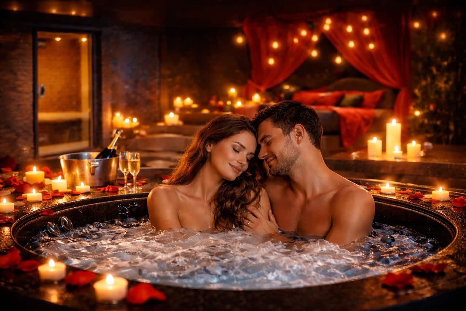 Couple profitant d’un jacuzzi dans une love room haut de gamme pour un week-end romantique à Nîmes