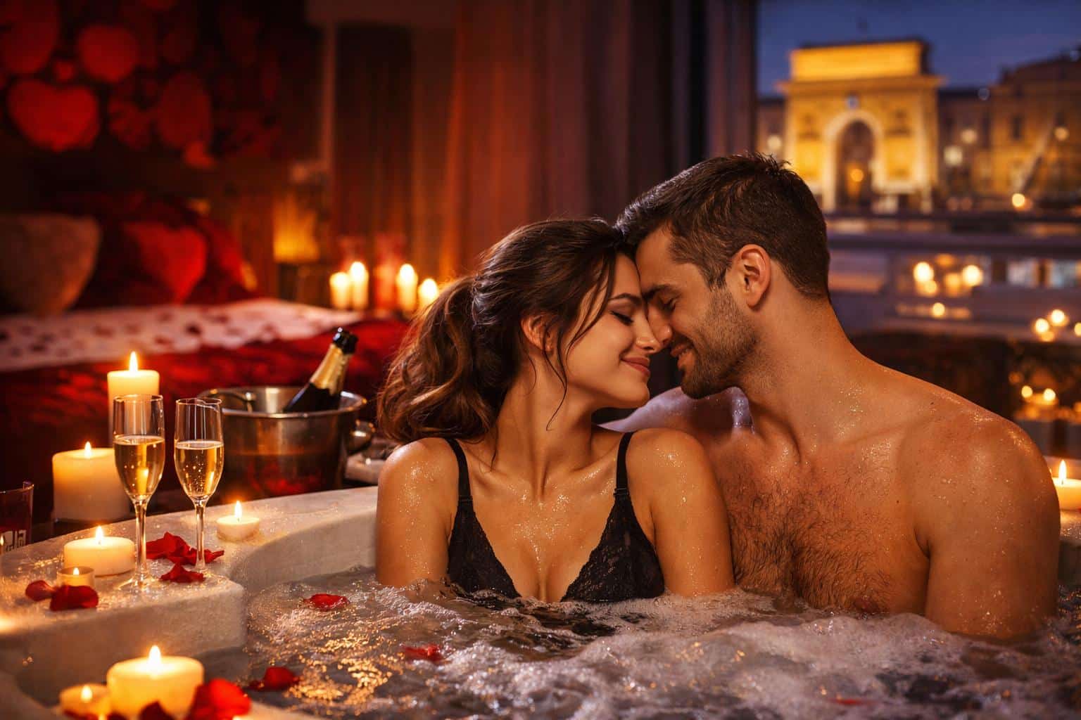 Couple dans une love room avec jacuzzi ambiance romantique proche Montpellier