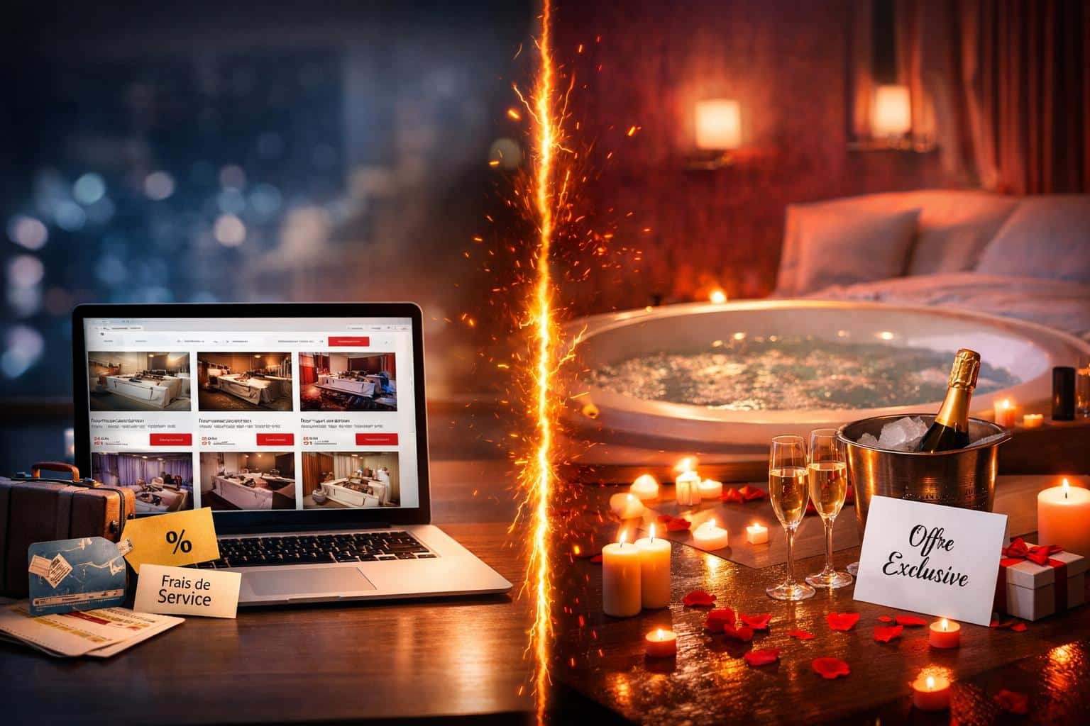 Comparaison réservation love room entre plateforme et site officiel avec jacuzzi romantique