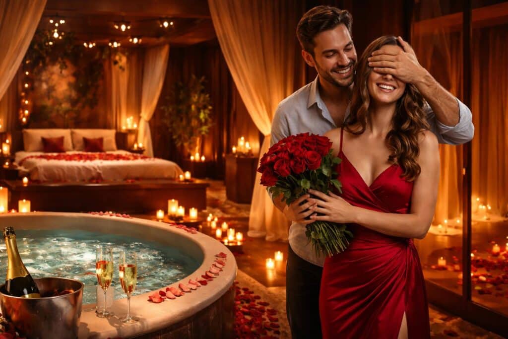 Surprise romantique dans une love room avec jacuzzi pour un week-end en amoureux