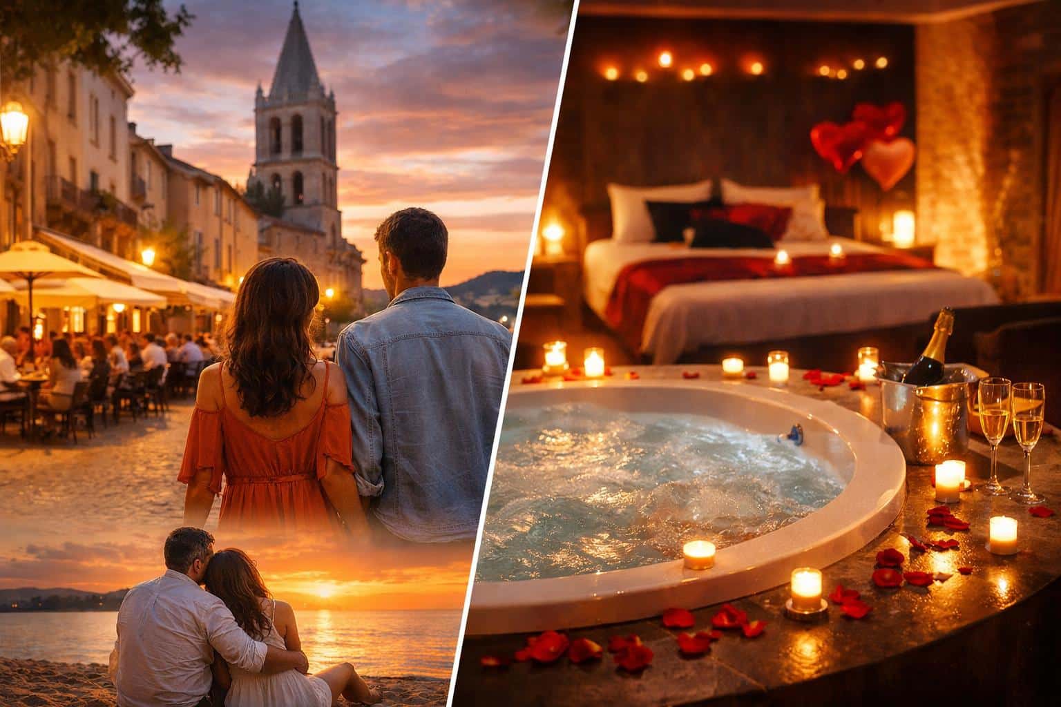 Couple en week-end amoureux en Occitanie avec love room jacuzzi romantique