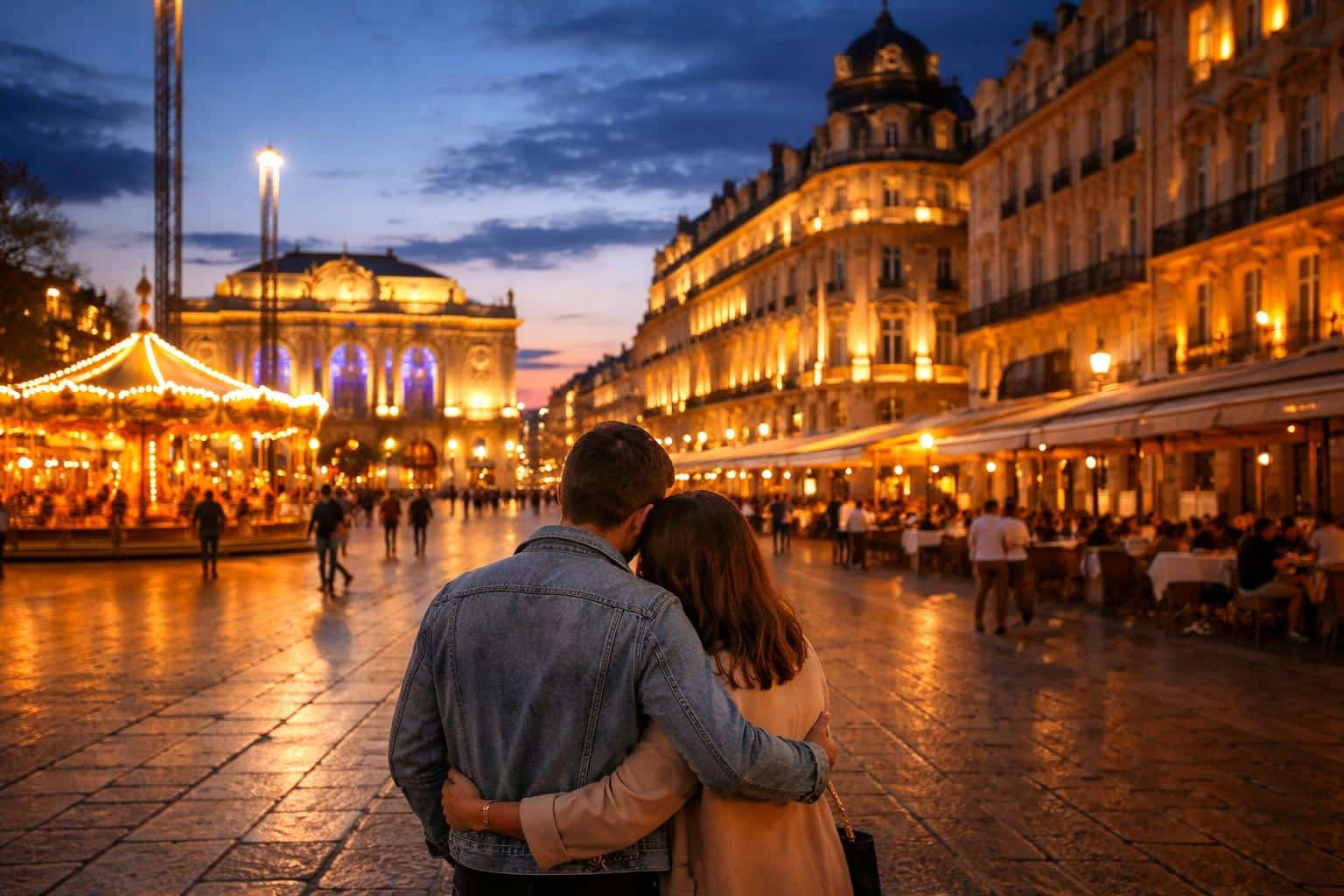 Couple en amoureux à Montpellier place de la Comédie lors d’un week-end romantique