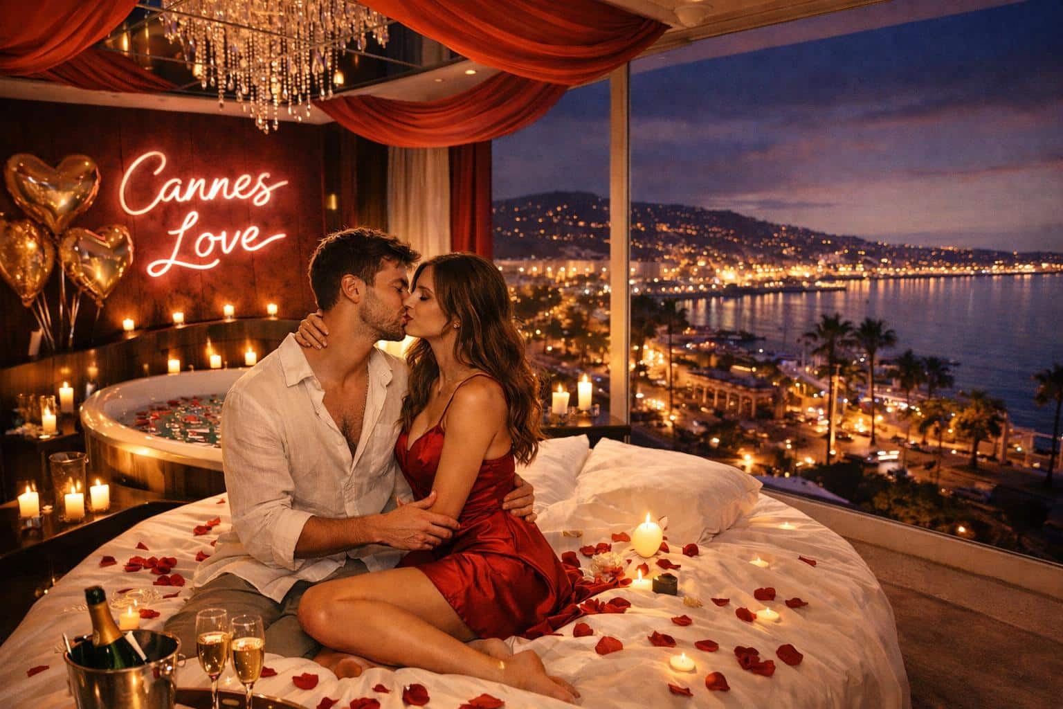 Couple amoureux dans une love room haut de gamme avec jacuzzi et vue sur Cannes pour une nuit romantique inoubliable
