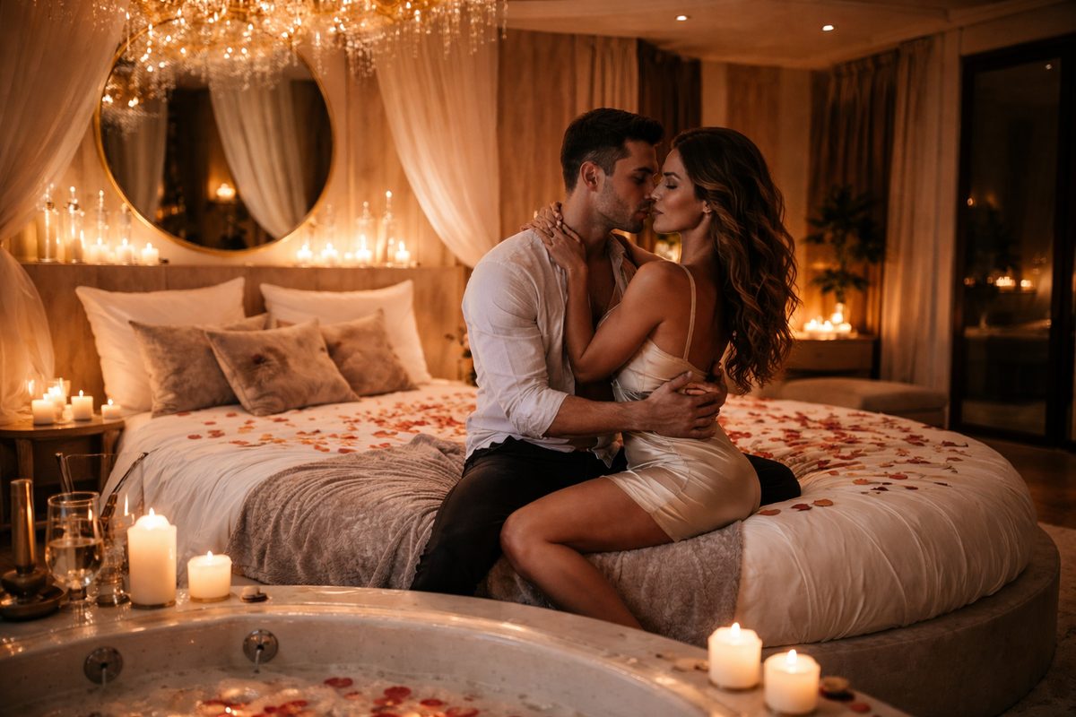 Couple amoureux dans une love room haut de gamme avec jacuzzi et ambiance romantique près de Marseille et Nîmes