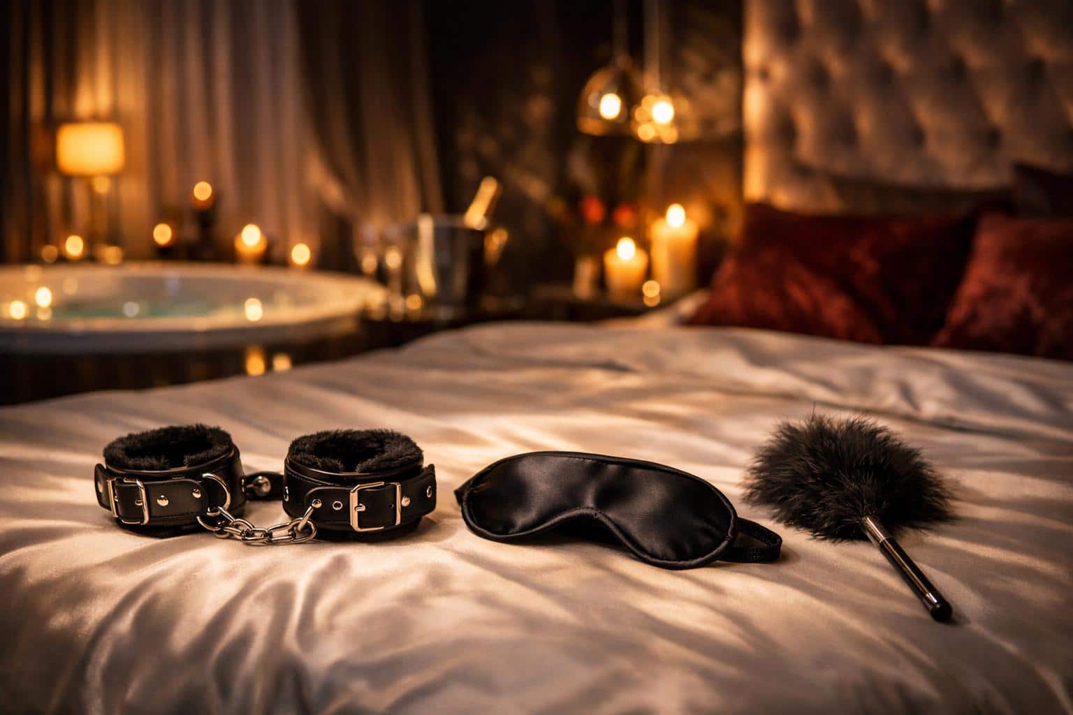 Love room à Nîmes près d’Avignon avec jacuzzi, ambiance tamisée et accessoires BDSM soft pour couple en week-end romantique