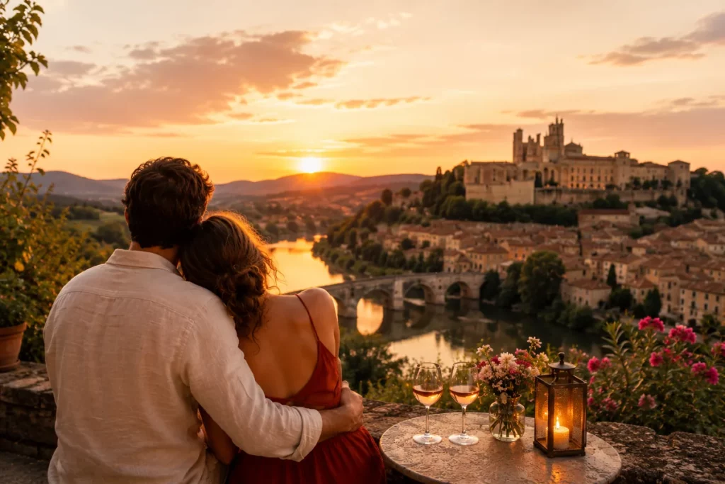 Couple profitant d’une escapade romantique en Occitanie avec vue panoramique au coucher du soleil
